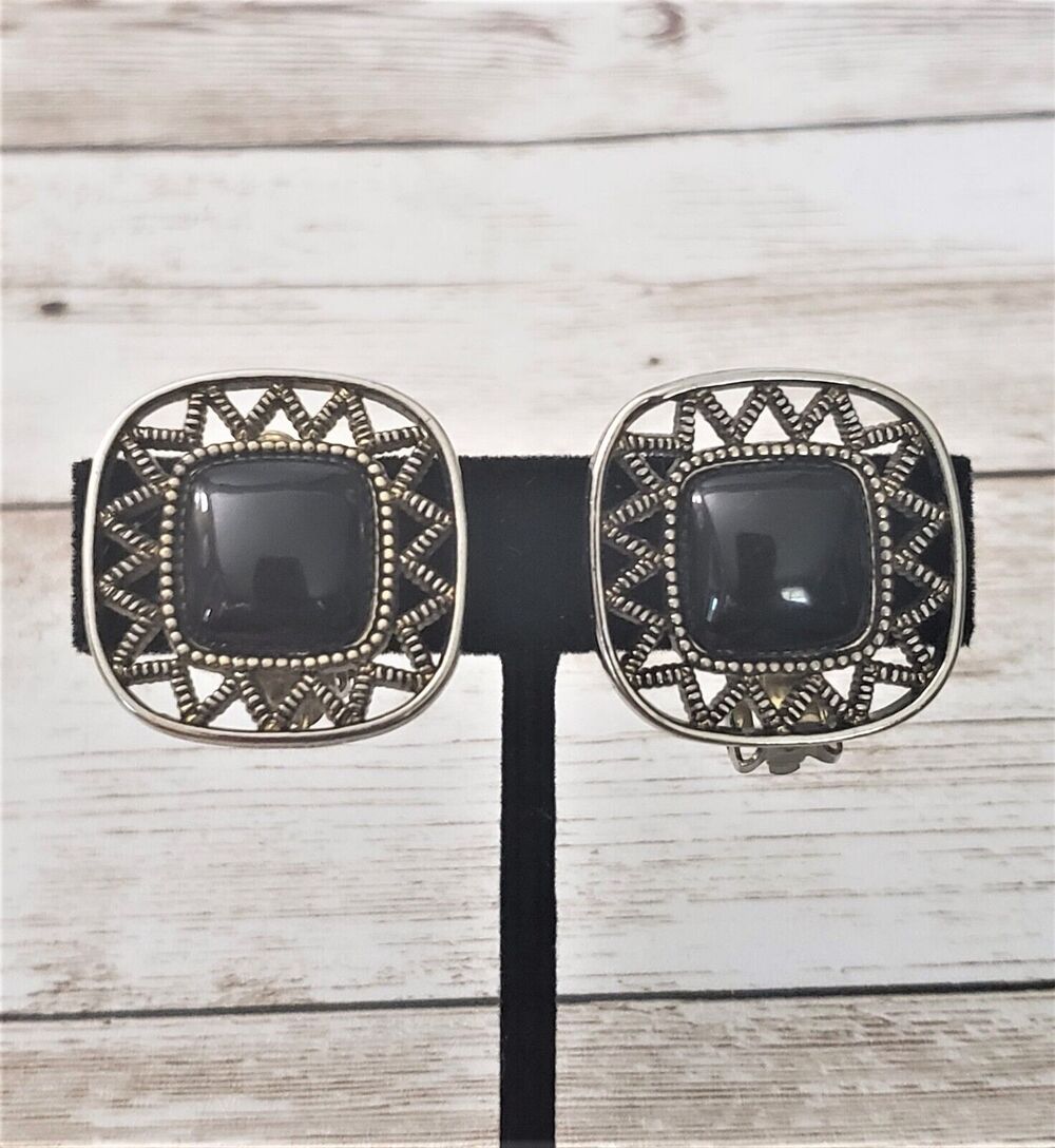 Vintage Clip On Earrings Black Rounded Square Shape with Unusual Halo Large